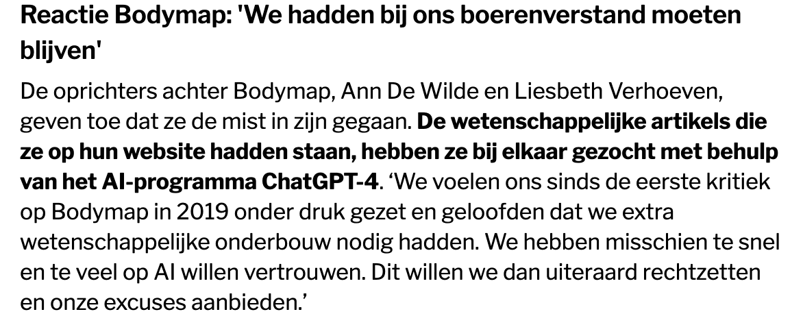 De wetenschappelijke onderbouwing van Bodymap kwam van... ChatGPT en blijkt dus compleet verzonnen geeft Bodymap zelf toe. #zucht  standaard.be/cnt/dmf2023111…
