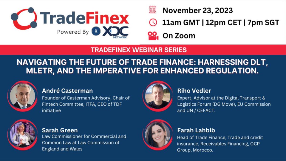 Don't miss our webinar exploring #DLT's potential in revolutionizing trade finance! Join industry experts as they discuss the #MLETR's impact on regulations. Learn how these frameworks foster trust and global standards. 

Register now: us06web.zoom.us/webinar/regist…! 

#XDC #XDCNetwork