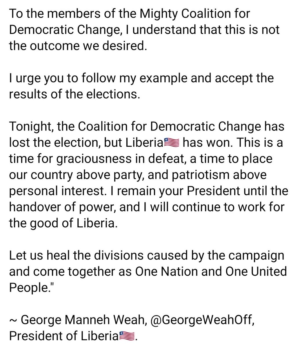 George W, un Président qui entre dans l'histoire par une excellente gestion de sa défaite. Grâce à lui, il y a 2 vainqueurs:Le peuple &amp; l'élu Boakai et 1 héros: G Weah. Au moment où bcp de Pays préparent des élections, il donne un bon exemple <a href="/guykarema/">Dr Guy Karema, PhD</a>.<a href="/agashaka/">Alain Gashaka</a> <a href="/RFI/">RFI</a> <a href="/iwacuinfo/">IWACU Burundi</a>