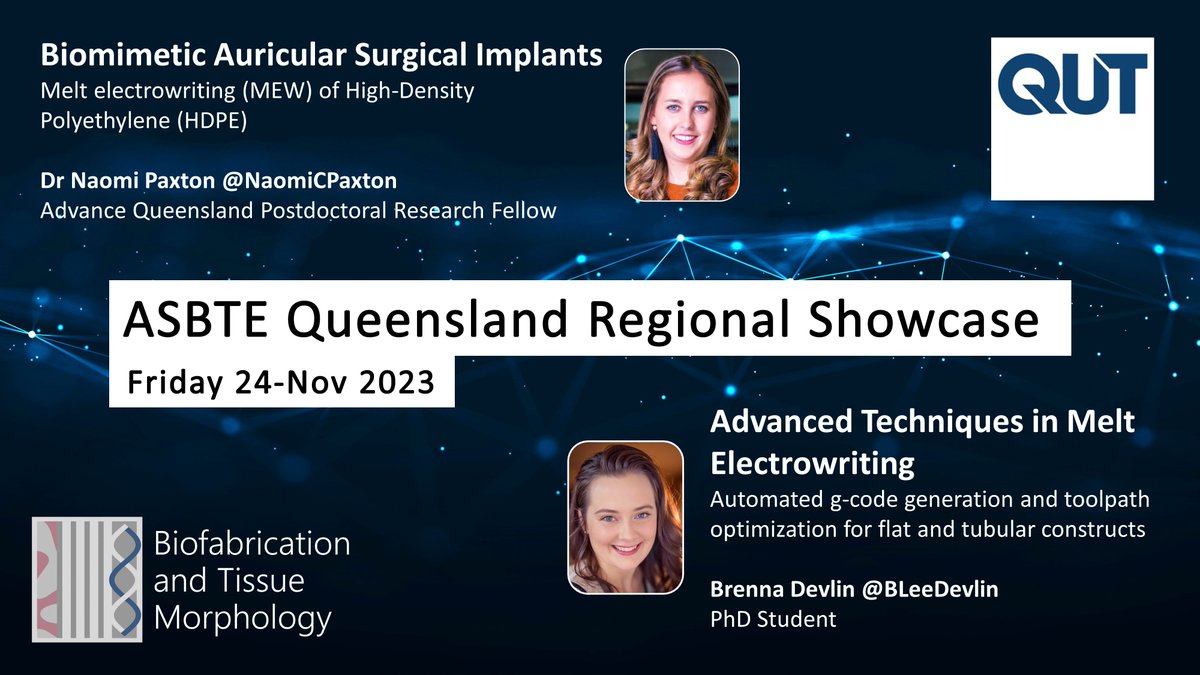 Excited for the @ASBTE1 Australasian Society for Biomaterials and Tissue Engineering #QLD Regional Showcase this Friday! Two of our #superstar researchers will be showcasing their incredible work on #biomimetic auricular implants and #advanced techniques in #meltelectrowriting🥳
