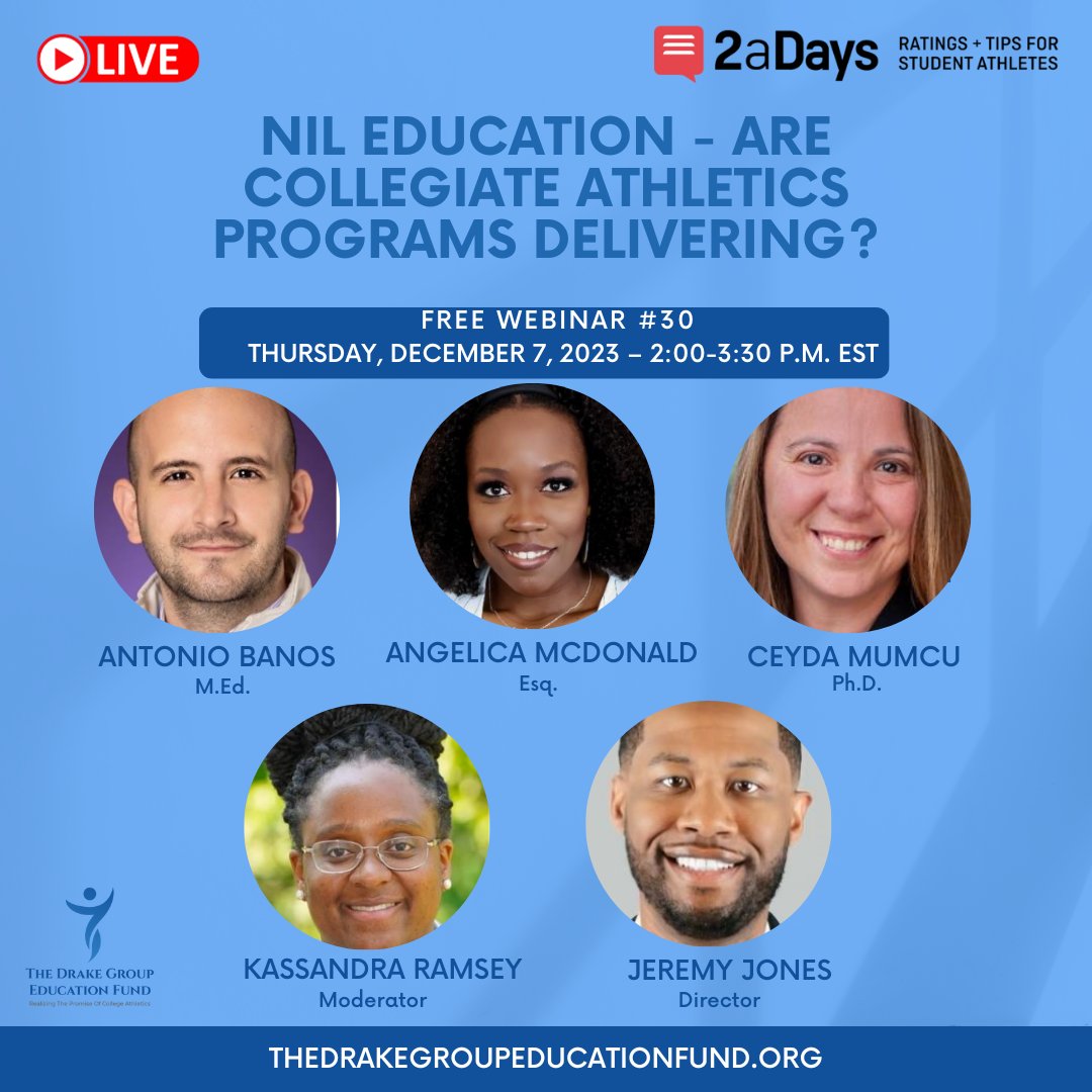 Join us on Dec 7th, 2:00-3:30 p.m. EST for a deep dive into the critical issues surrounding Collegiate Athletics and NIL Education! 

Register Here conta.cc/3unZi7I  
 #NIL #AthleteEmpowerment #CollegeSports