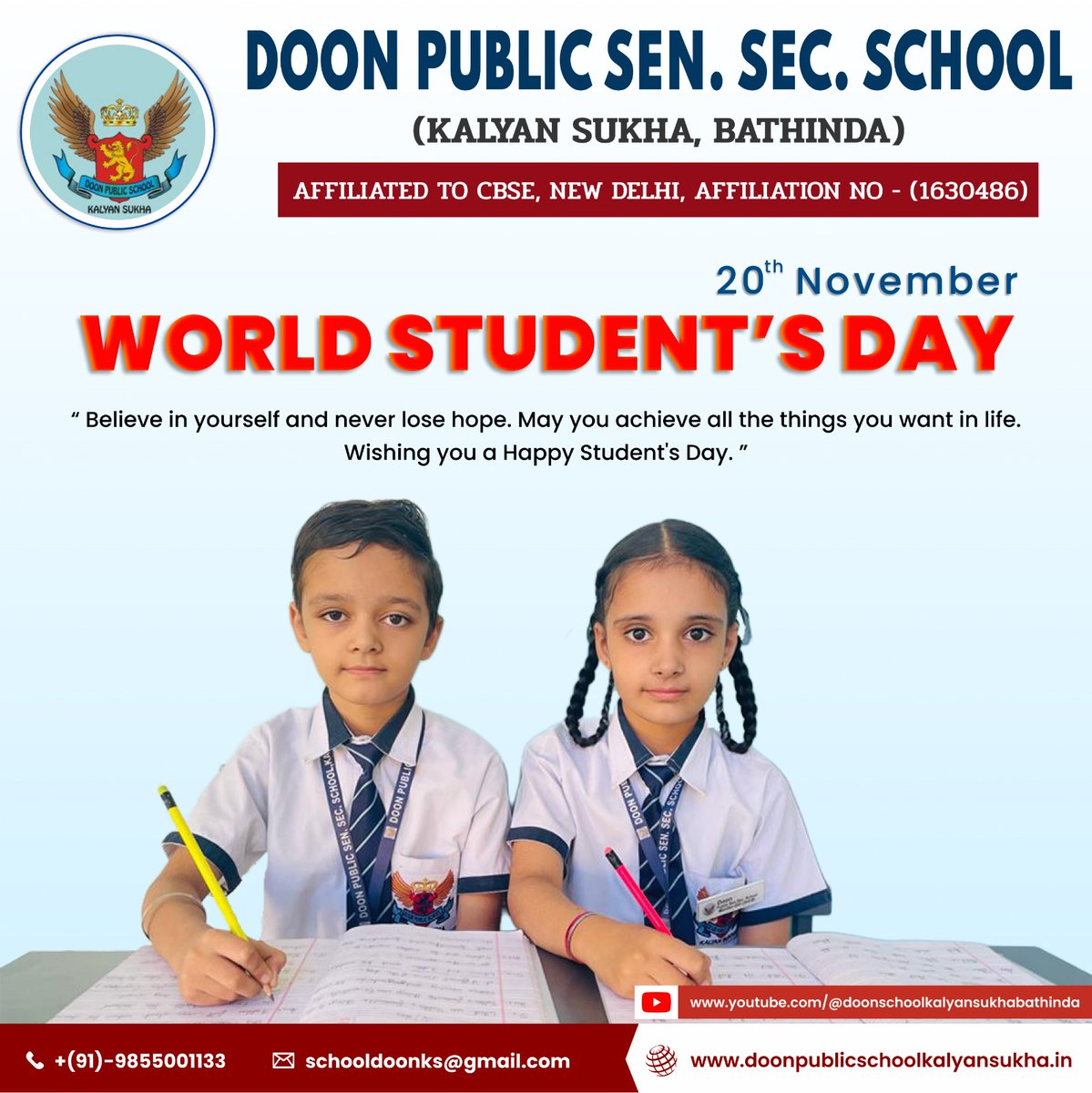Life is a book and being a student is the most beautiful chapter of that book… Make sure you enjoy this chapter to the fullest. Wishing you a very Happy International Students Day.

#International_Student #doonpublicschool #bathindaschools #bathindacity #bathinda #schools