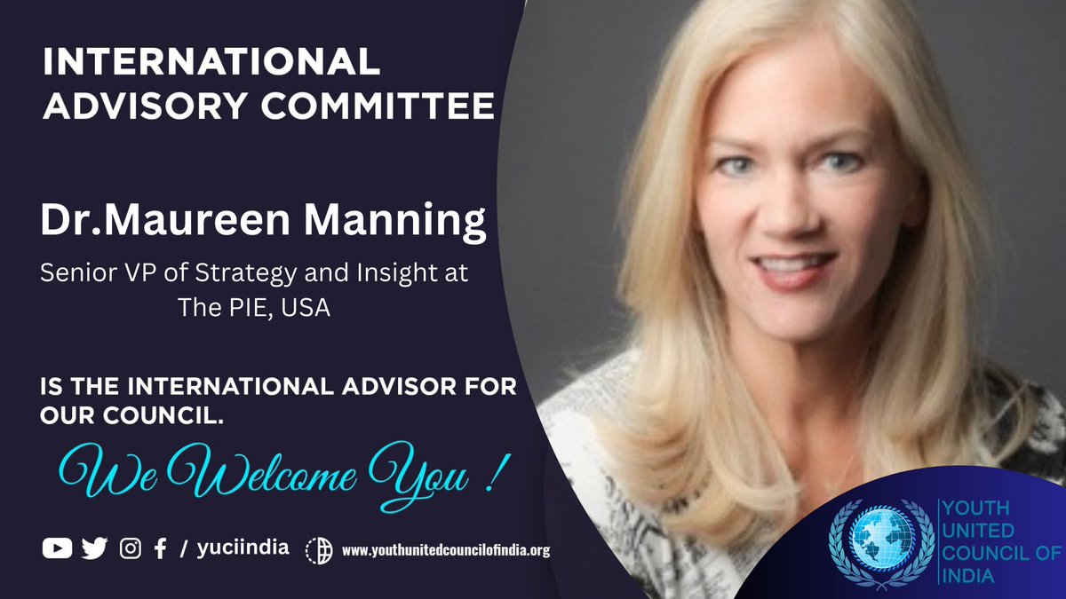 Welcome Dr.Maureen Manning
Senior VP of Strategy and Insight at The PIE, USA to our international advisory committee #yuciindia #USA #YOUTH #youthcouncil #India #yuci