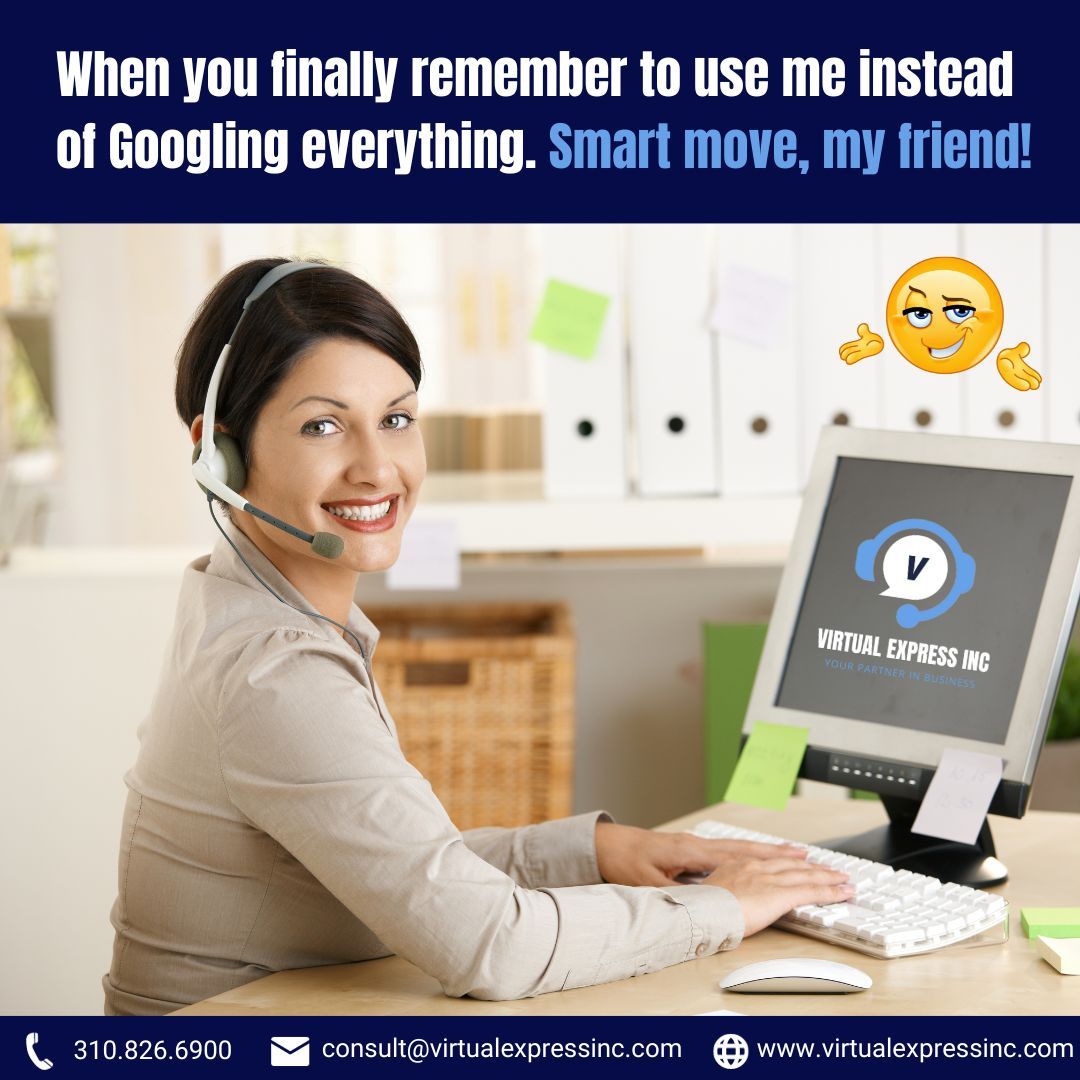 virtualexpress_'s tweet image. 🌟 Who needs Google when you've got a virtual assistant at your service? 💡😉 #VirtualAssistant #TechGenius #SmartChoices #VirtualExpressInc