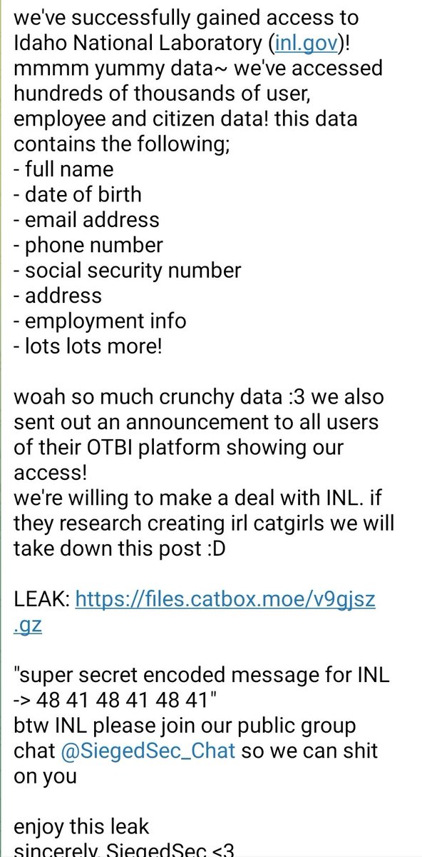Breach of Idaho National Laboratory posted by SiegedSec.