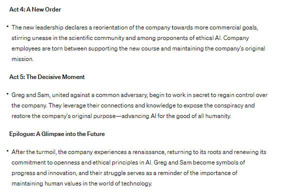Gregoist's tweet photo. Asked ChatGPT to spin a scenario on what's happening behind the scenes at OpenAI, and here's the creative plot it came up with.

#AI #OpenAI #TechDrama #InnovationStories #CorporateIntrigue #GregBrockman #SamAltman #IlyaSutskever https://t.co/dI1Wt03QiP