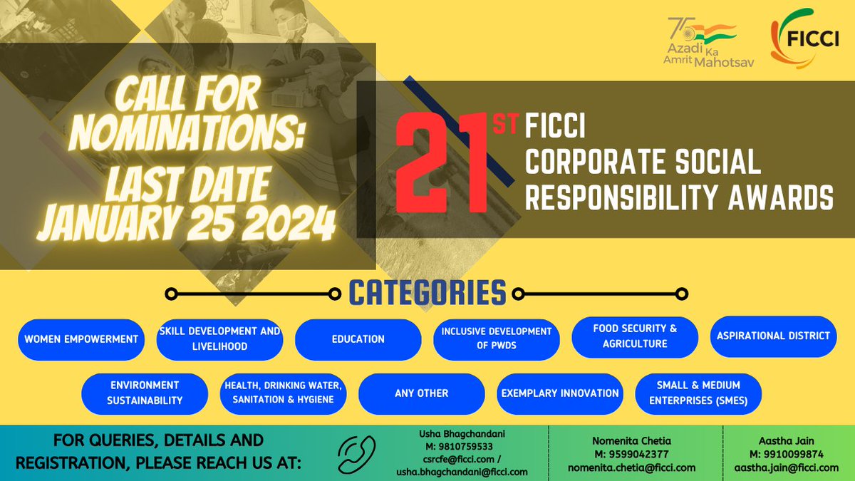 FicciCSR's tweet photo. Calling all game-changers in #corporate #social responsibility! Showcase your remarkable #initiatives and contribute to a more #sustainable future at the 21st @FICCI CSR Awards. Submit your nominations now.

Visit link for more information: https://t.co/Xd0iRTKolr https://t.co/9NZibXQGZL