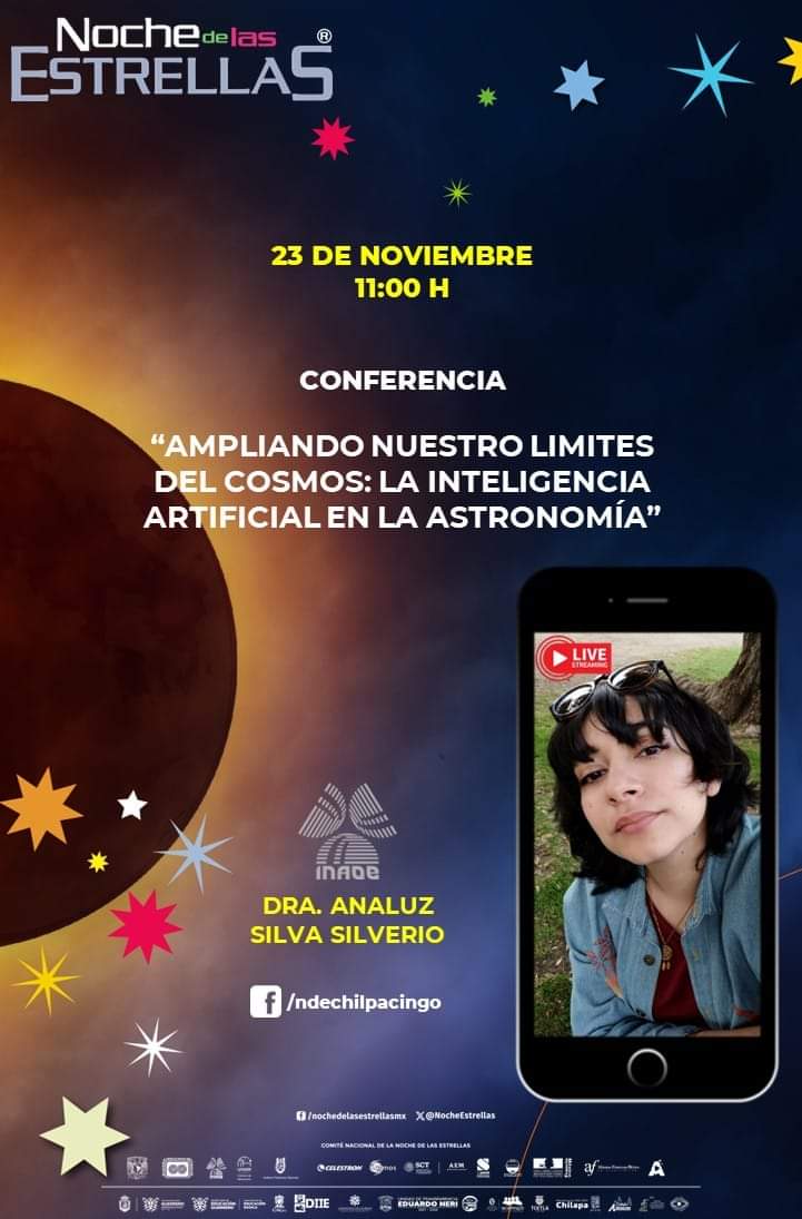 scitecbits's tweet photo. @inaoe_mx Hola gente!

Compartimos ahora la conferencia de @sisianlight, estudiante de Doctorado en @inaoe_mx , está vez para #NocheDeLasEstrellas #Chilpancingo: "Ampliando Nuestros Límites de Exploración del #Cosmos: la #InteligenciaArtificial en la #Astronomía".

🗓️ 23 de nov
⌚ 11 hrs https://t.co/15o2fcor92