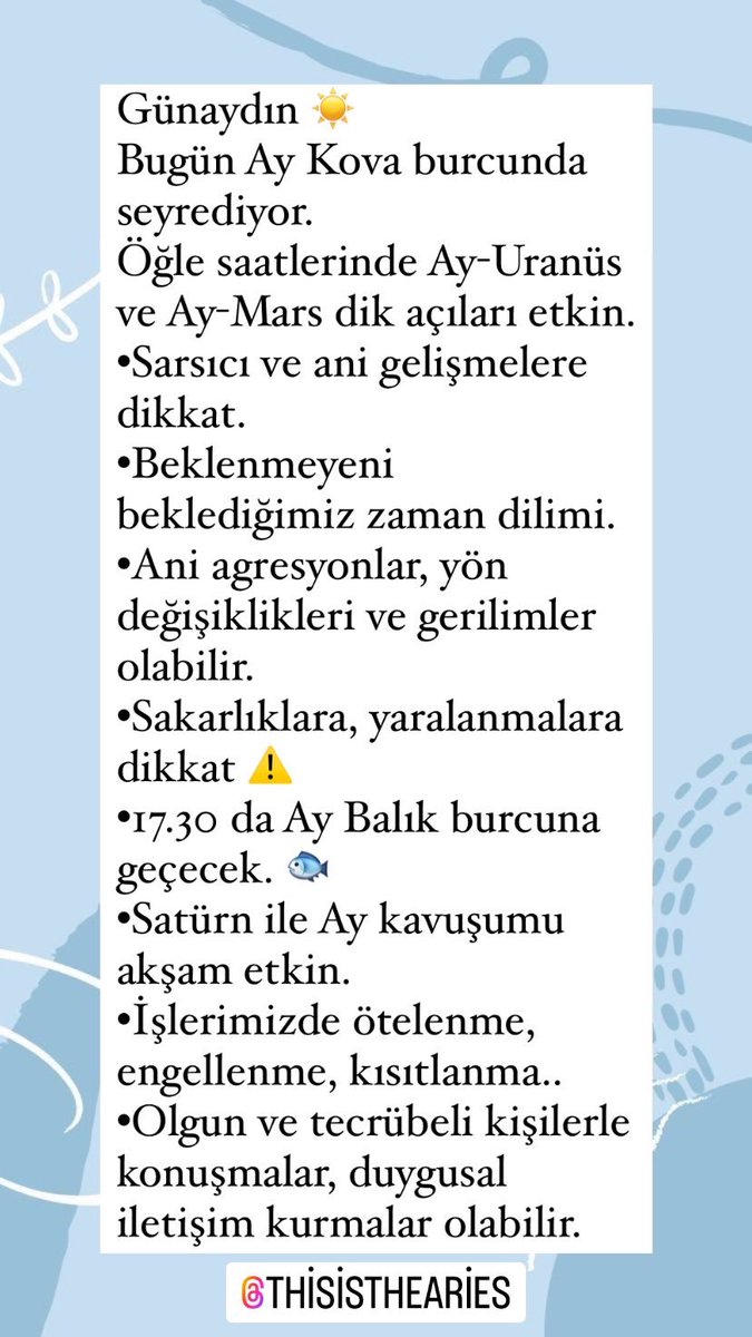 Günaydın, Ay kova burcunda ilerliyor🧡 Gün içinde iki zorlu açısını öğlen vakti gerçekleştirecek. mars ve uranüs ile dik açıda olacak. ani gelişen değişimler, farklılıklar, sarsıcı etkiler, şoklar, kazalara dikkat. #astrotips #günlükastroloji #pazartesi