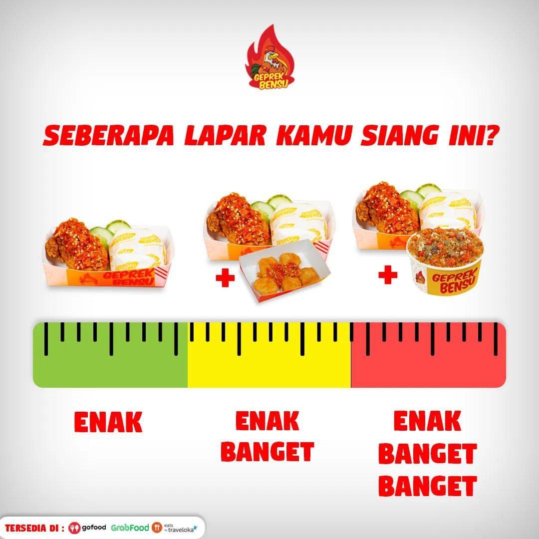 Haiii Bestie...
Seberapa lapar kamu siang ini?

Atasi lapar kamu segera dengan Geprek Bensu. Makan kenyang, lapar hilang, hati senang😋
.
.
Yuk order Geprek Bensu untuk makan siang bestie, banyak banget promo yang bisa kamu nikmati loh🤩

Kamu bisa datang ke outlet Geprek Bensu.