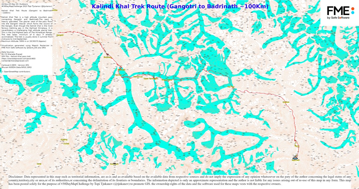Saint_GIS's tweet photo. 20-Nov-23 Day 20: Outdoors
#30DayMapChallenge 2023 @tjukanov
Kalindi Khal Trek Route (Gangotri to Badrinath ~100Km)
Visualization generated using #MapnikRasterizer in #FME @SafeSoftware
#FMEpartners https://t.co/RhyK5glq1Z