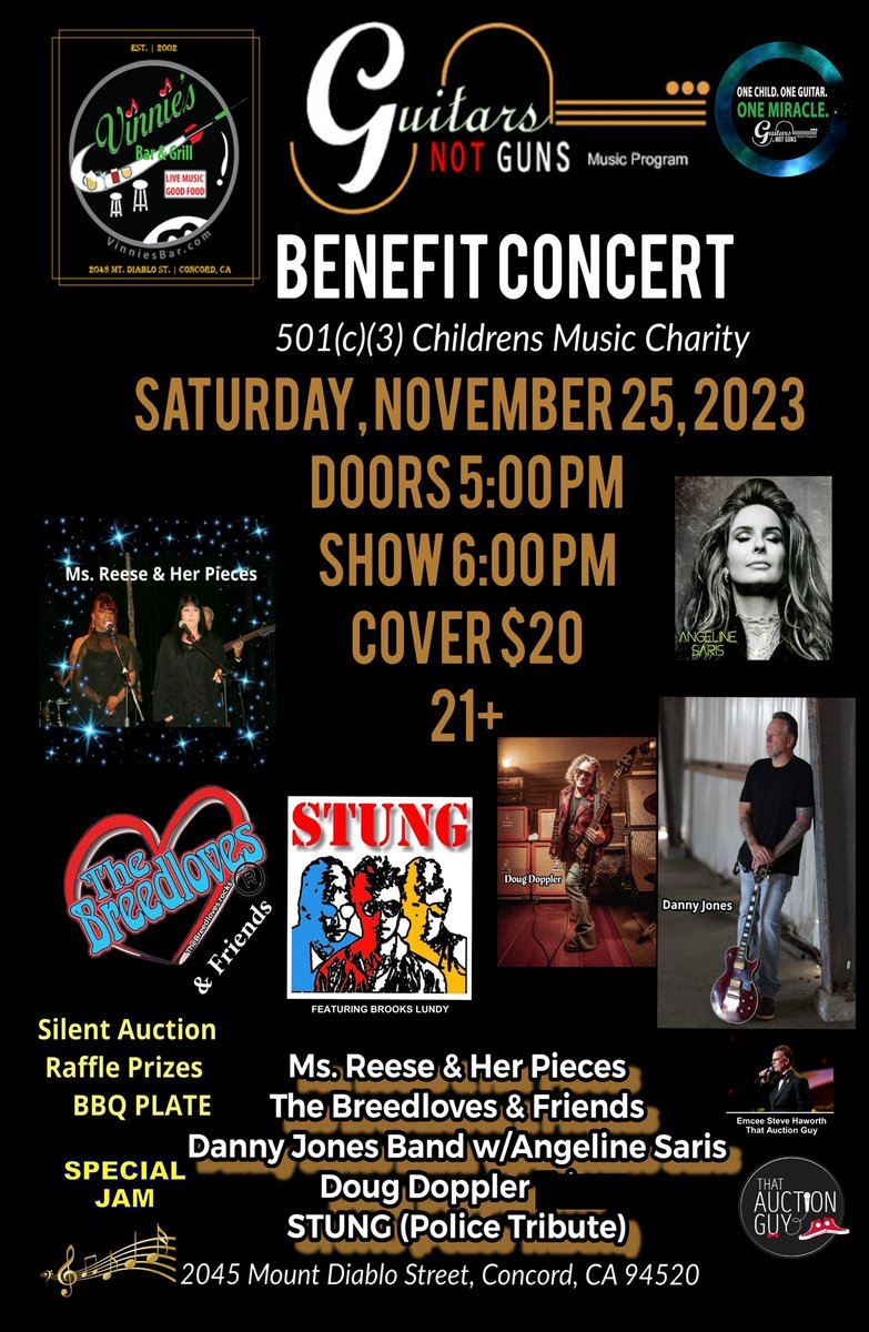 This fundraiser is going to be so awesome!  @Guitarsnotguns1 Contra Costa County Chapter has a fun night planned with lots of raffle prizes and silent auctions!! #nonprofit #music #futuregeneration #supportlocalcharity #concordca #fundraiser #benefitconcert #love