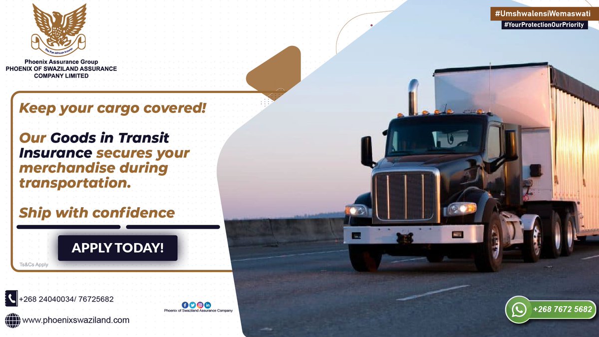 PhoenixSwazila1's tweet image. 🚚 Keep your cargo covered! Our Goods in Transit Insurance secures your merchandise during transportation. Whether by road, rail, or sea - ensure your goods reach their destination safely. Ship with confidence! #TransitInsurance #CargoProtection