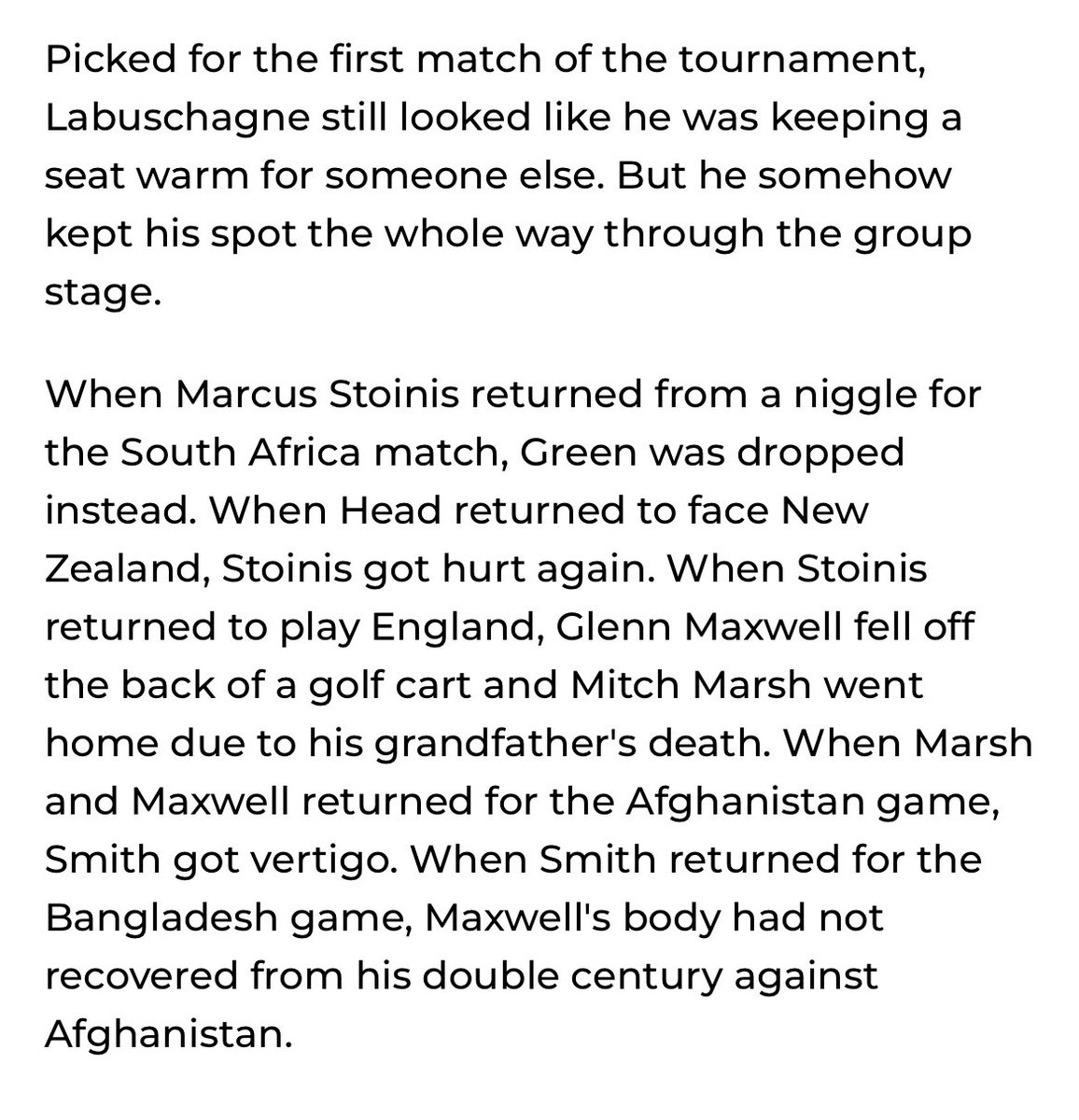 LouisDBCameron's tweet photo. You couldn’t dream this stuff up. 

Marnus Labuschagne reckons someone up above must be looking out for him and it’s hard to disagree when you spell out the series of events that led to him playing the #CWC23 final.

Full story: https://t.co/6Azm1SnXJu https://t.co/Fs688yg3gh