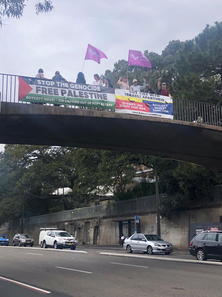 Ceasefire Now, Stop the Genocide, Free Palestine and BDS banner drop over Parramatta Rd happening now!