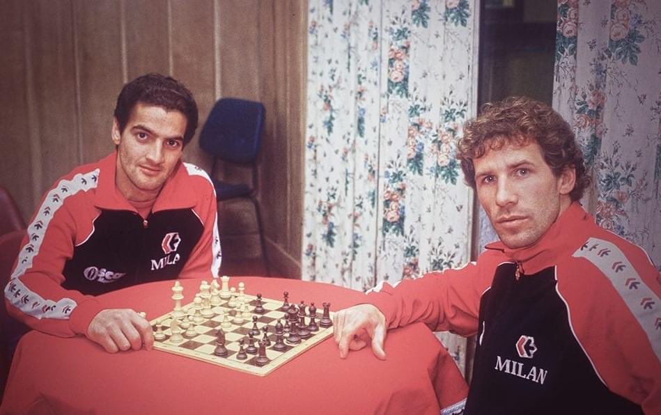 Giuseppe Incocciati and Franco Baresi (AC Milan), at the Milanello Sports Center, 1985.