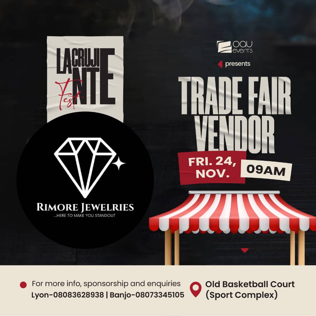 ritah_4real's tweet photo. Our first ever trade fair on OAU campus🥳
Rimore Jewelries will be live at the Old Basketball Court(Sport Complex) THIS FRIDAY by 9:00am🔥🔥
Dear OAU students’ don’t miss out on this opportunity to shop the finest jewelry at an affordable rate(for both male &amp; female)
#OAUTwitter https://t.co/oyyhsaa6lZ