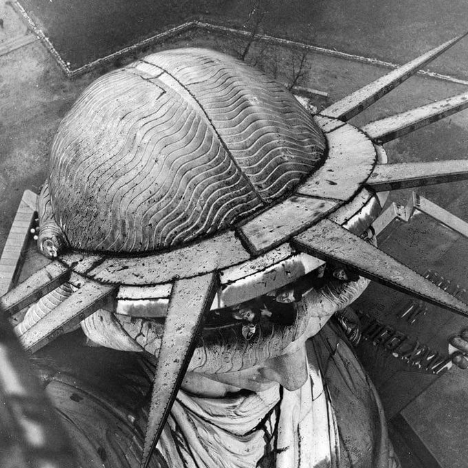 This photo shows the Statue of Liberty seen from the torch. 

The torch has been closed to the public since 1916 when it was damaged in an explosion caused by German spies.    

The event is known as the Black Tom explosion on July 30, 1916. 

At that time, the United States had