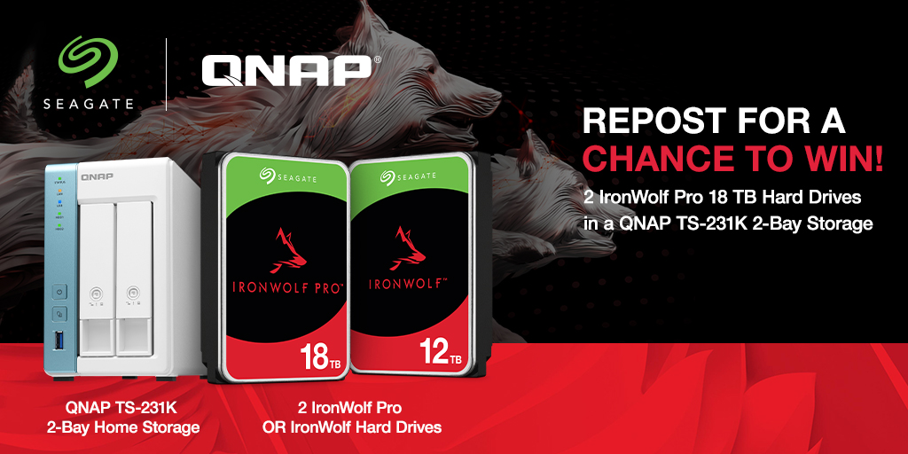 Up your storage game! Stand a chance to win 2 x IronWolf Pro 12 or 18 TB Hard Drives, in a QNAP TS-231K 2-Bay Home NAS 🔥 1️⃣ Retweet this post 2️⃣ Follow @Seagate & @QNAP_nas *For legal residents stated in T&Cs: seagate.media/6017iGy37 #Seagate #NAS #QNAP #IronWolfPro