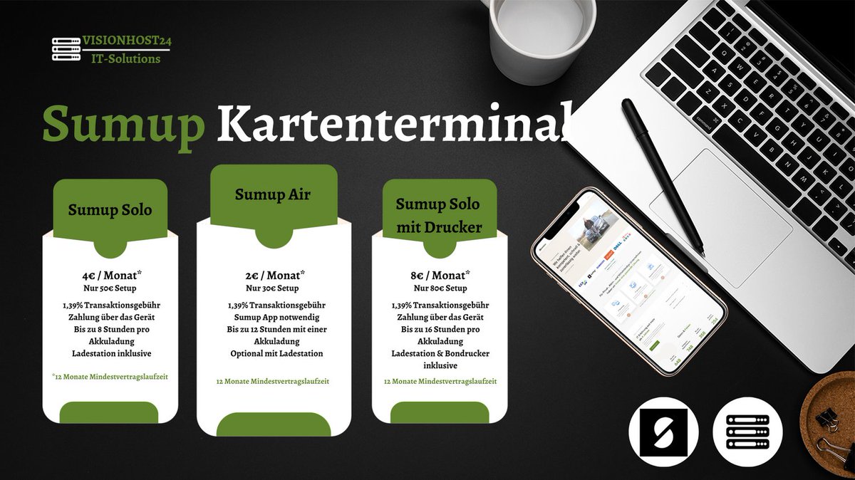 Entdecken Sie unsere #Sumup Kartenterminals: Solo (4€/Monat*), Air (2€/Monat*, 30€ Setup) &amp; Solo mit Drucker (8€/Monat*, 50€ Setup). Alle mit 1,39% Transaktionsgebühr, Sumup App &amp; langer Akkulaufzeit. Mindestvertragslaufzeit 12 Monate. Mehr Infos: [visionhost24.eu/sumup/ 📱