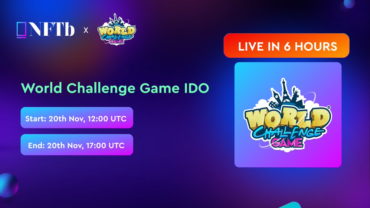 ⏳6 hours to @WorldChallengeG #IDO on NFTb! 🎲World Challenge Game innovatively combines a traditional board game with a mobile app and blockchain technology, offering players a unique, interactive gaming experience. 🗓20 Nov, 12:00 UTC 🚀Total $WORLD tokens: 52.631,578…