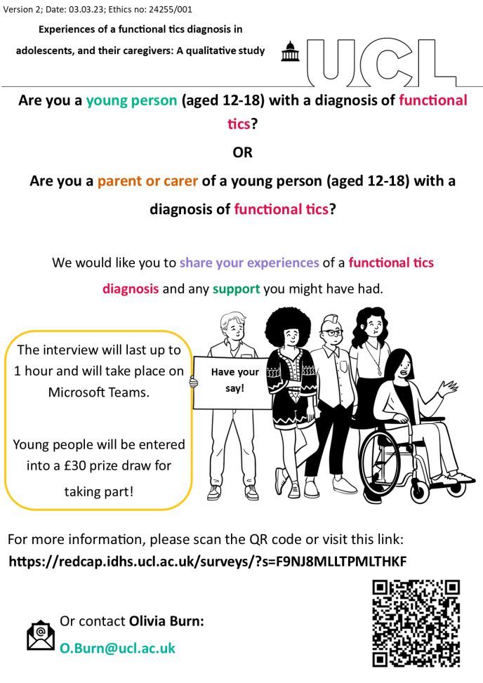 tourettesaction's tweet image. Are you a young person who has received a diagnosis of functional tics? Please consider taking part in this study 'Experiences of a functional tics diagnosis in adolescents

Please read more here: 
buff.ly/3nTtggZ 

#FunctionalTics #TicsAndTourettes #TouretteSyndrome #TS