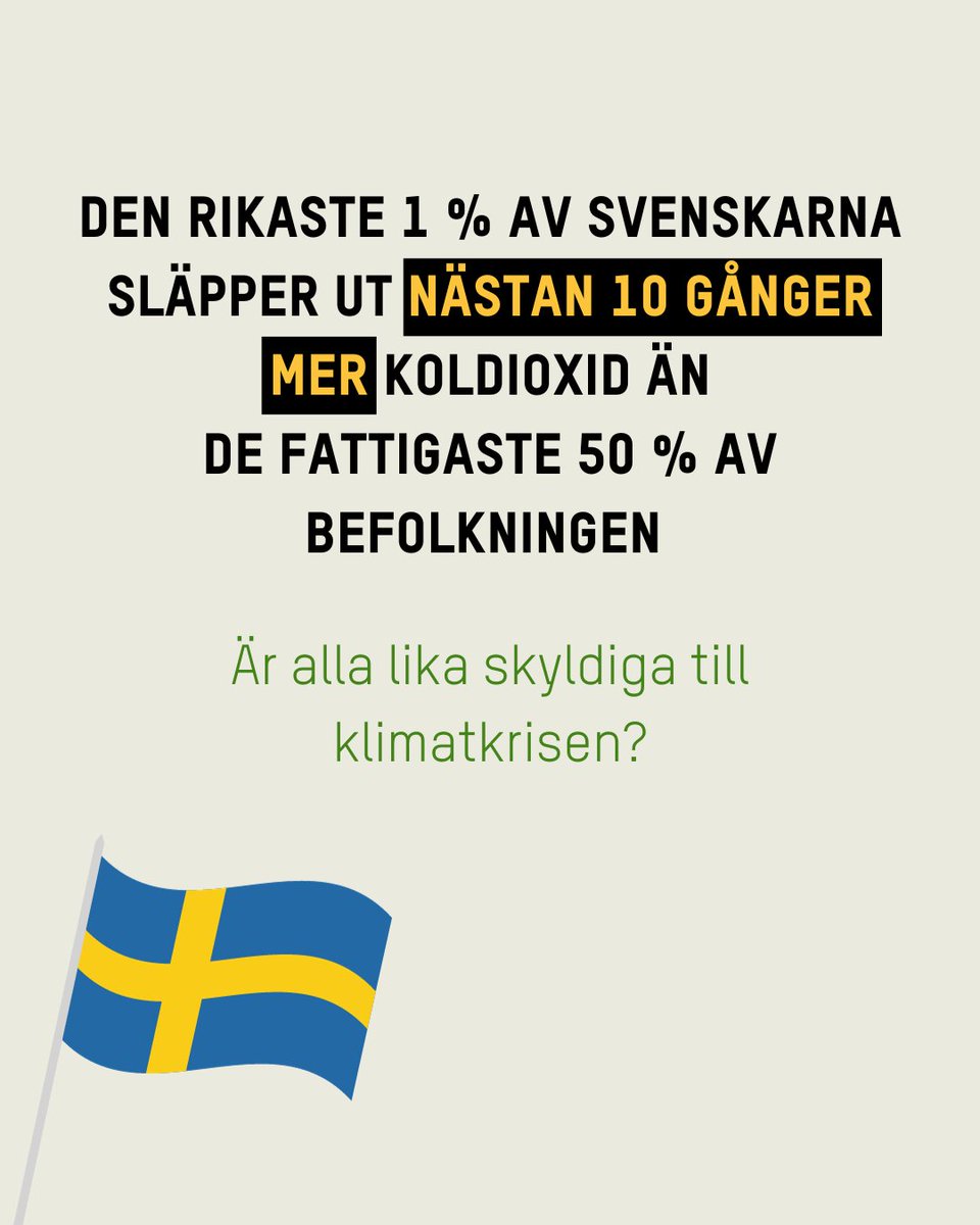 Idag släpper vi vår rapport "Sveriges väg till en jämlik och rättvis klimatomställning" - en rapport om konsekvenserna av de superrikas utsläpp. 🧵
➡️Den rikaste 1 % av svenskarna släpper ut nästan 10 gånger mer koldioxid än de fattigaste 50 % av befolkningen