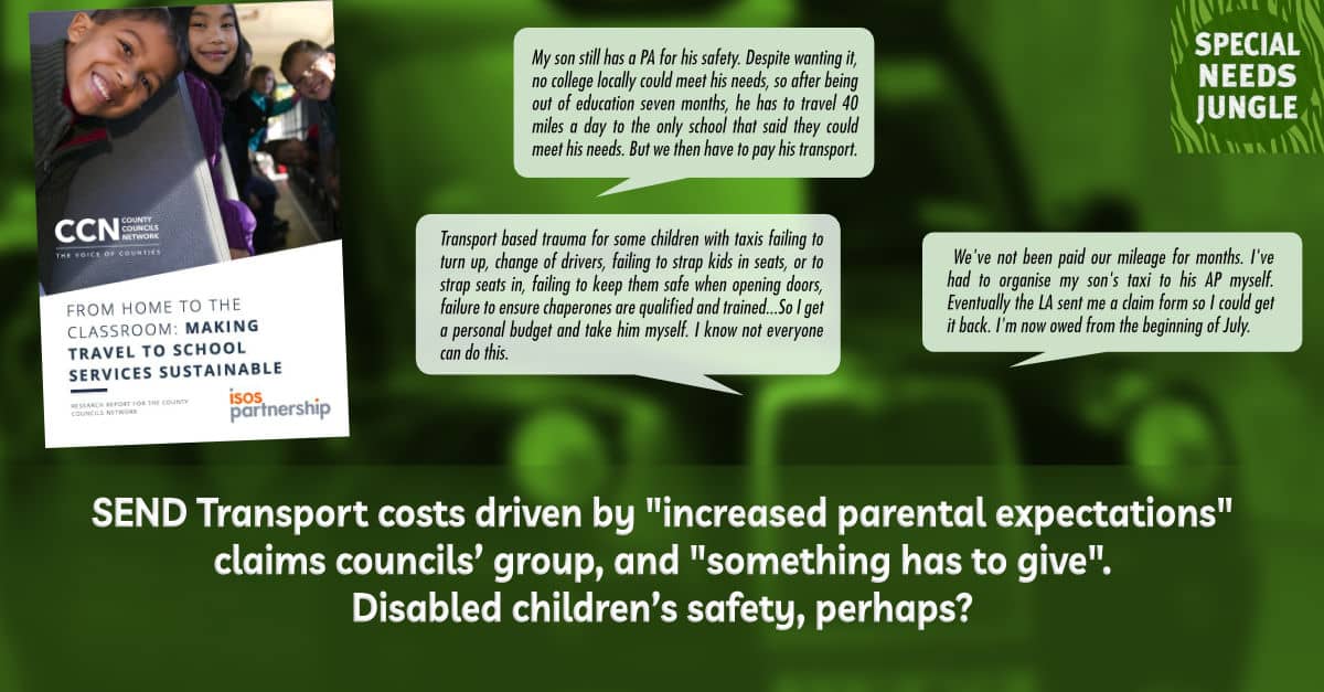 NEW POST: A report on #SENDTransport for the @CCNoffice claims costs are driven by ‘increased parental expectations’. It says “something has to give”. We ask, what exactly, disabled children’s safety, perhaps? Read @captainK77’s analysis: specialneedsjungle.com/send-transport…