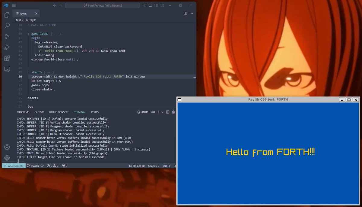 jocerfranquiz's tweet photo. Yes, baby! pure Forth code importing from C99 Raylib library!
NO BINDING NEEDED!
#gforth #forth #forthlang #clang #raylib (#OPENGL) https://t.co/HSp93gbgYP