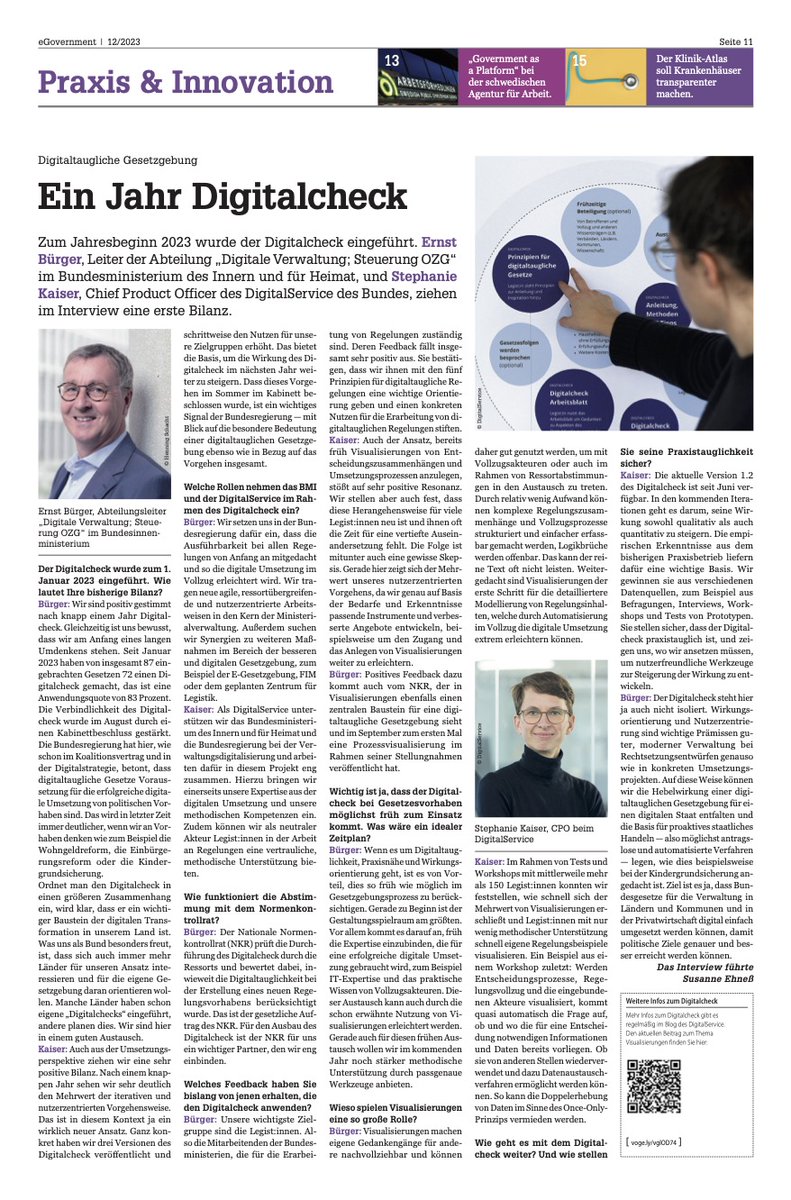 Ein Jahr #Digitalcheck: Was sind die bisherigen Erfahrungen, und wie geht es weiter? Dazu sprechen Ernst Bürger <a href="/BMI_Bund/">Bundesministerium des Innern</a> und ich im Interview mit <a href="/ehness/">Ehness</a> in der neuen Ausgabe von <a href="/egovernmentde/">eGovernment</a> .
