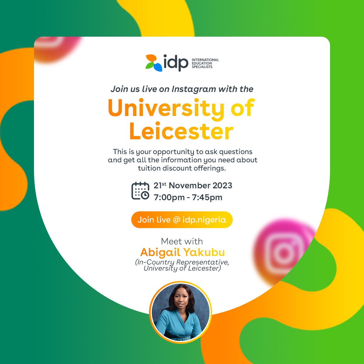 It's another beautiful week and we have so much more in store for you 😌

Tomorrow, 21st November, IDP will host the University of Leicester in an interactive live virtual session. 

Time: 7pm
Venue: IG Live 

#2024admission #studyabroad2024 #studyquotes #studyabroaduk