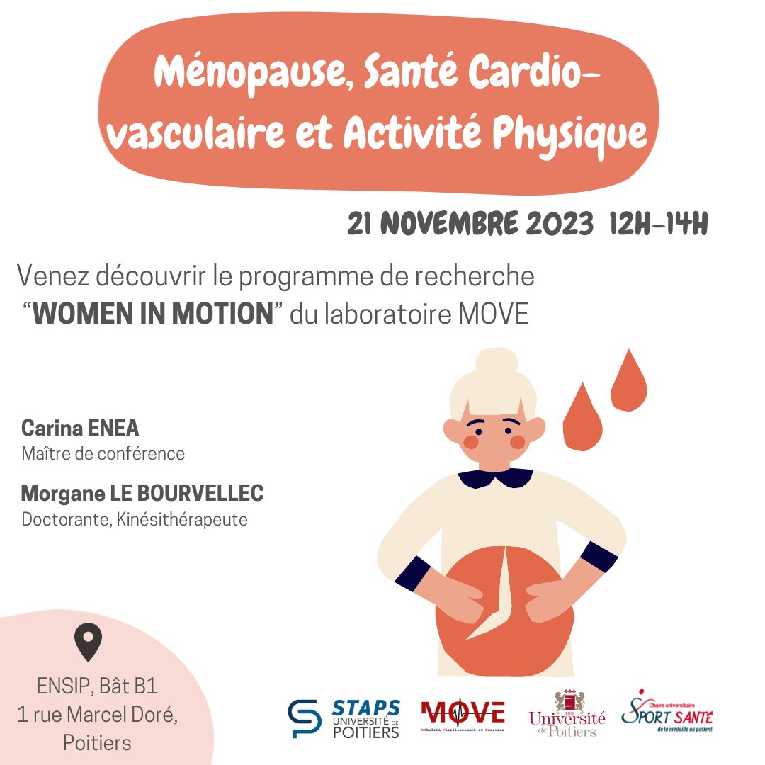 Laboratoire MOVE (@labomove) on Twitter photo Festival <a href="/LesMenstrueuses/">Les Menstrueuses</a>
Ménopause, santé cardiovasculaire et activité physique
📅 21 novembre 2023
🕛 12:00 - 14:00
📍 Hall principal - Bât B1 : 1 rue Marcel Doré, Poitiers
Par : <a href="/CarinaEnea/">Carina Enea</a> & <a href="/MorganeLB_PT/">Morgane Le Bourvellec</a>
Venez discuter de la périménopause et du programme "Women In Motion"! Festival <a href="/LesMenstrueuses/">Les Menstrueuses</a>
Ménopause, santé cardiovasculaire et activité physique
📅 21 novembre 2023
🕛 12:00 - 14:00
📍 Hall principal - Bât B1 : 1 rue Marcel Doré, Poitiers
Par : <a href="/CarinaEnea/">Carina Enea</a> & <a href="/MorganeLB_PT/">Morgane Le Bourvellec</a>
Venez discuter de la périménopause et du programme "Women In Motion"!