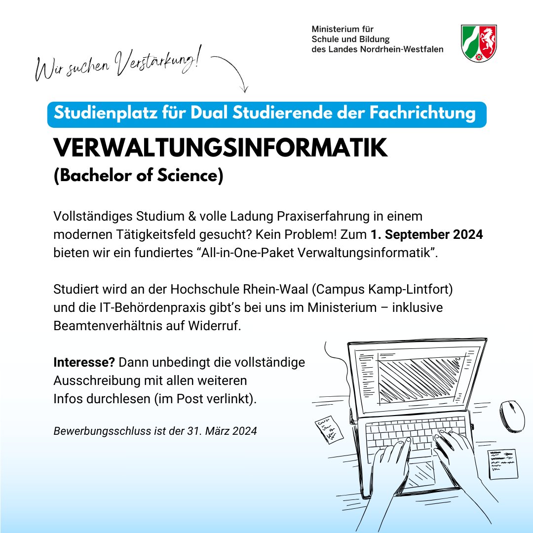 BildungslandNRW's tweet image. #DeinJob beim #BildungslandNRW: Wir suchen zum 1.9.2024 zur Verstärkung unserer IT eine Studentin oder einen Studenten (w/m/d) für ein duales Studium der #Verwaltungsinformatik ⤵️ 💻 Noch Fragen? Die beantworten wir gerne via Videokonferenz. Alle ℹ️ 👉schulministerium.nrw/ministerium/st…