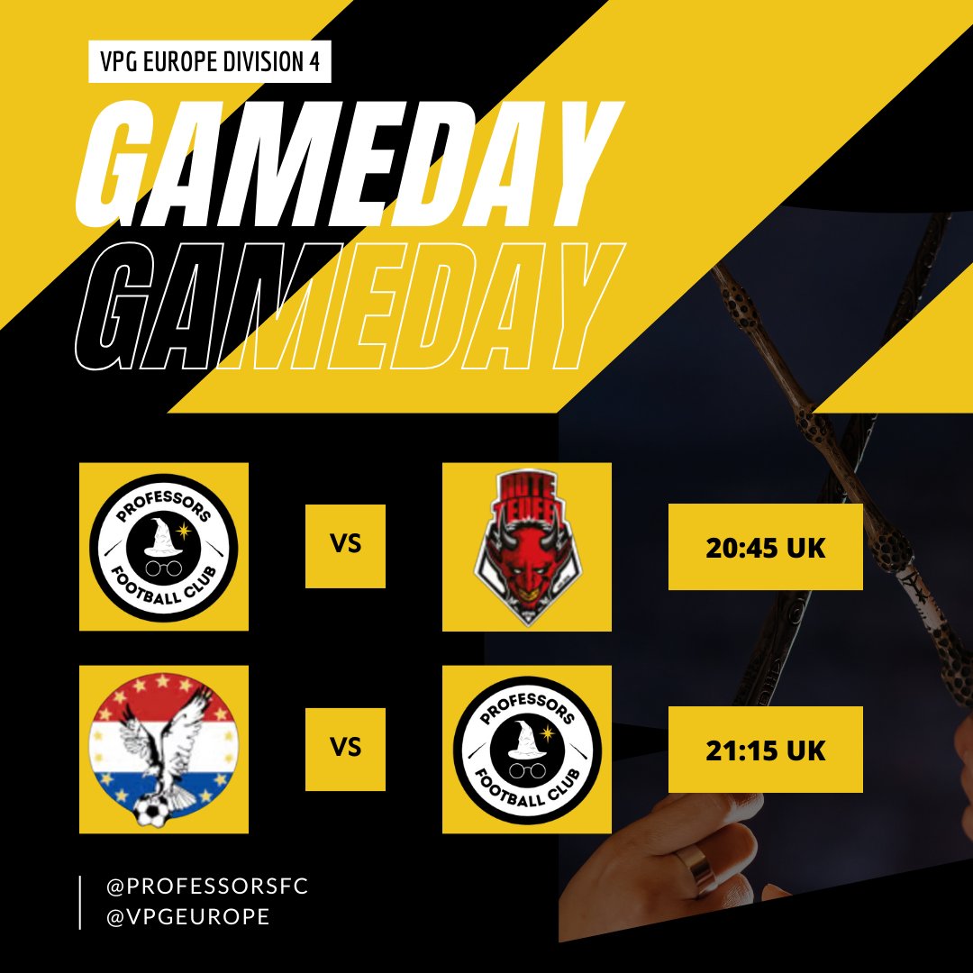 Professors FC (@professorsfc) on Twitter photo It’s GAMEDAY for the Professors in the <a href="/OfficialVPG/">Virtual Pro Gaming</a> Europe League 4! ⚽️
🆚Rote Teufel @ 20:45 UK
🆚Sokol Ostroda @ 21:15 UK
#upthewizards 🟡⚪️ It’s GAMEDAY for the Professors in the <a href="/OfficialVPG/">Virtual Pro Gaming</a> Europe League 4! ⚽️
🆚Rote Teufel @ 20:45 UK
🆚Sokol Ostroda @ 21:15 UK
#upthewizards 🟡⚪️