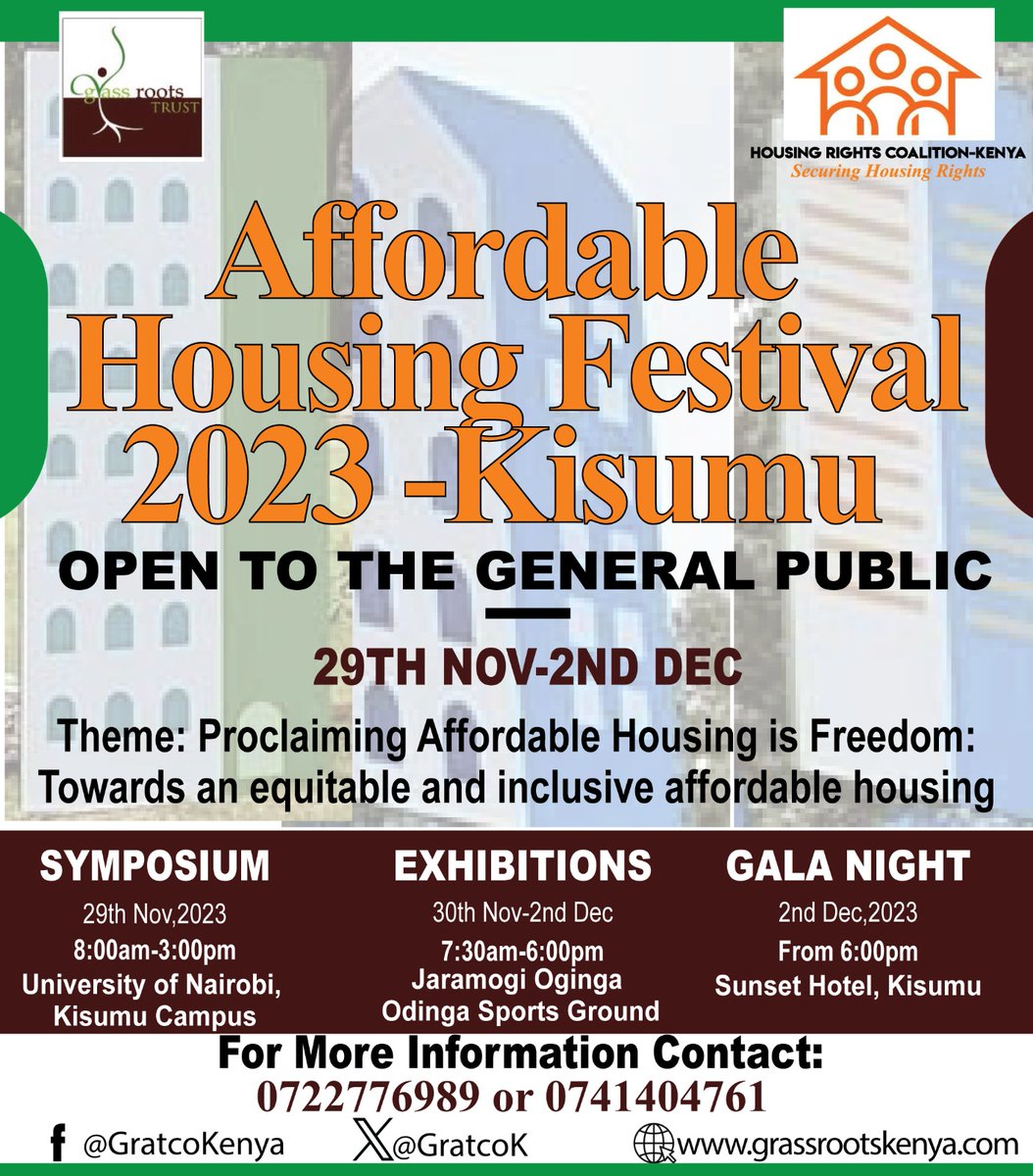 Welcome to Affordable housing festival Kisumu 29th to 2nd Dec 2023; Symposium 29th Exhibition 30th Nov to 2nd Dec and Gala night 2nd evening.