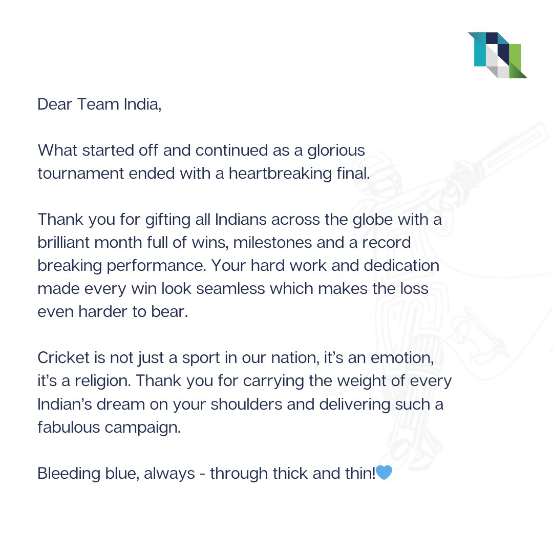 Netlink96's tweet photo. Bleeding Blue Always and Forever!💙

Congratulations to Australia for winning World Cup 2023!

@cricketworldcup
@ICC

#IndianCricketTeam #BleedingBlue #WC2023Final #icccricketworldcup #cricketworldcup2023🏆 https://t.co/uCGsjBQHLR