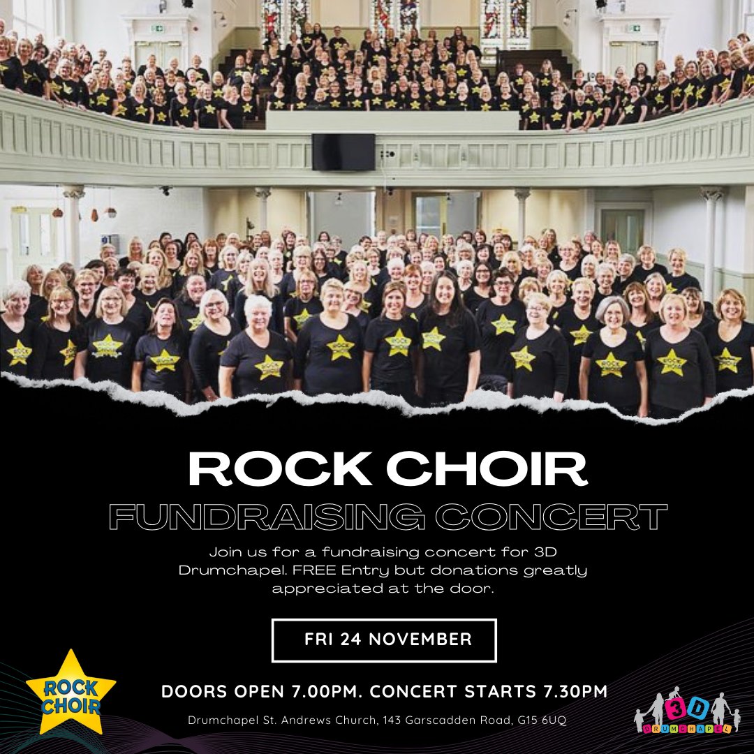Please join us for an evening with the Rock Choir on Friday 24th November at 7.30-8.30. Doors open at 7.00pm at Drumchapel St. Andrews Church.  

FREE entry however donations are greatly appreciated at the door.