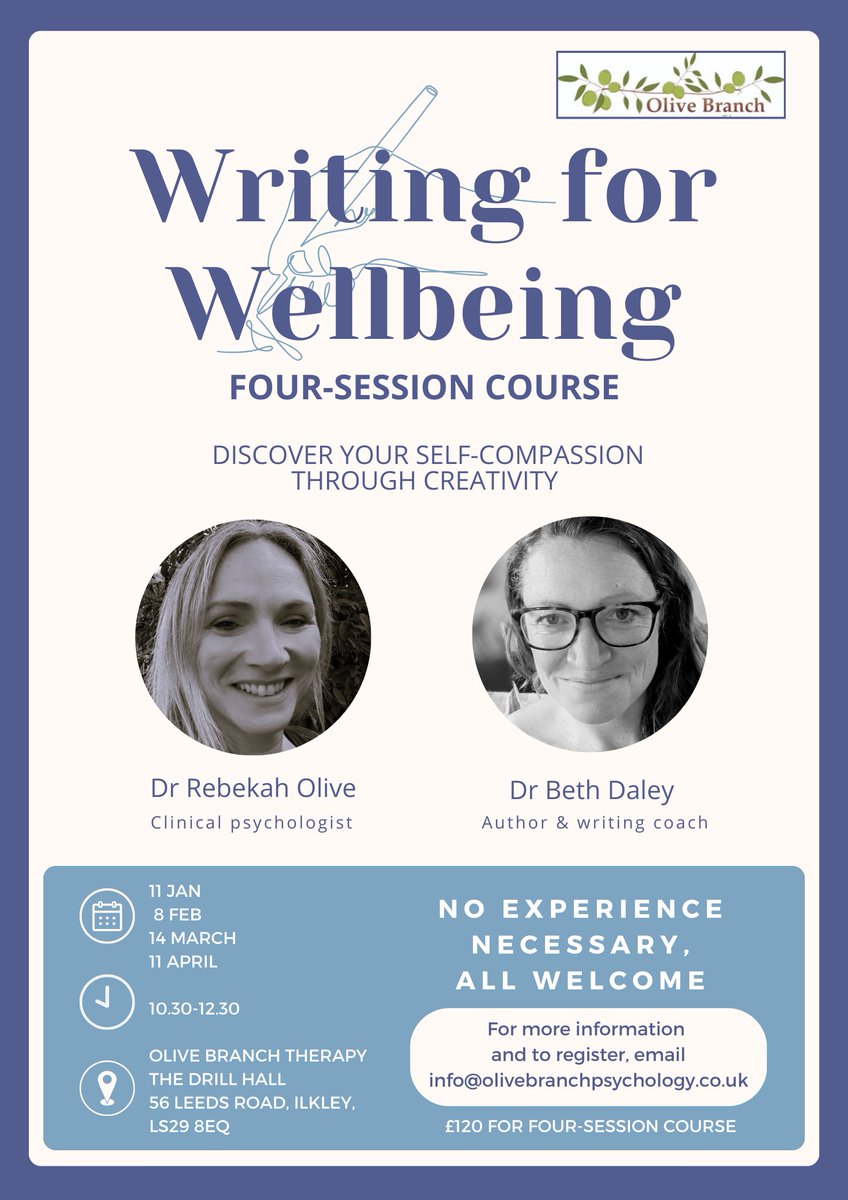 Writing isn't all about publication. Writing can help you work through your thoughts, and discover how to be compassionate to yourself and to others.

Join Dr Rebekah Olive and myself at Olive Branch Therapy, Ilkley, and let's take some me-time together. #amwriting #wellbeing