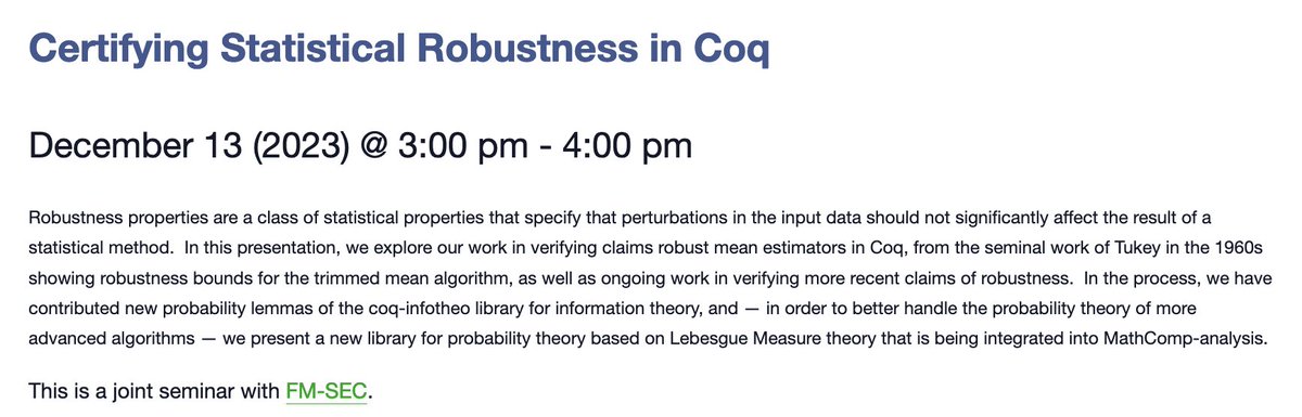 fmsec_network's tweet photo. Save the date!!!
We have a new seminar coming up in December. Alessandro Bruni @hoheinzollern from @ITUkbh will present part of his ongoing work on Certifying Statistical Robustness in Coq. 

https://t.co/W3YJC8oRoE https://t.co/MDDGRFyo1E