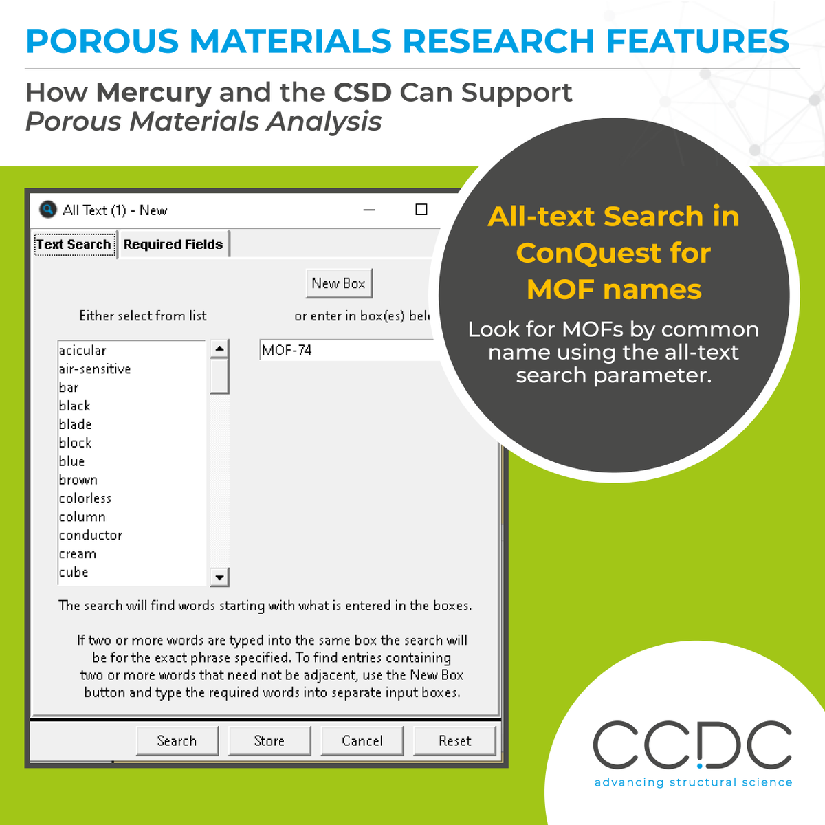 ccdc_cambridge's tweet photo. This is the sixth highlight in our series showcasing how Mercury and the CSD can support #PorousMaterialsAnalysis.
6️⃣ All-text Search in ConQuest for MOF names
Learn more about the advanced 3D searching of structures in the CSD using ConQuest 🔗https://t.co/uJUuFQ1OTI https://t.co/lRwPWOypPD