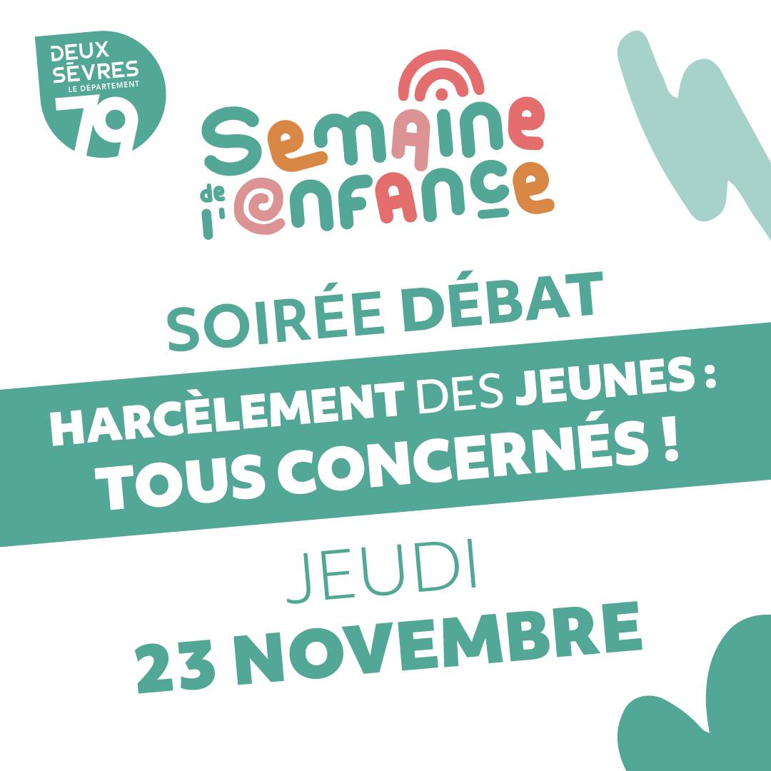 Semaine de l'#Enfance en #DeuxSèvres
➡️2 Soirées-débat dédiées à la #Jeunesse à la Maison du Département
Mercredi 22/11, 19h : "Les jeunes et l'#entreprise, un pari gagnant pour l'avenir"
Jeudi 23/11, 19h : "#Harcèlement des jeunes : tous concernés !"
ℹ️ deux-sevres.fr/toutes-les-act…