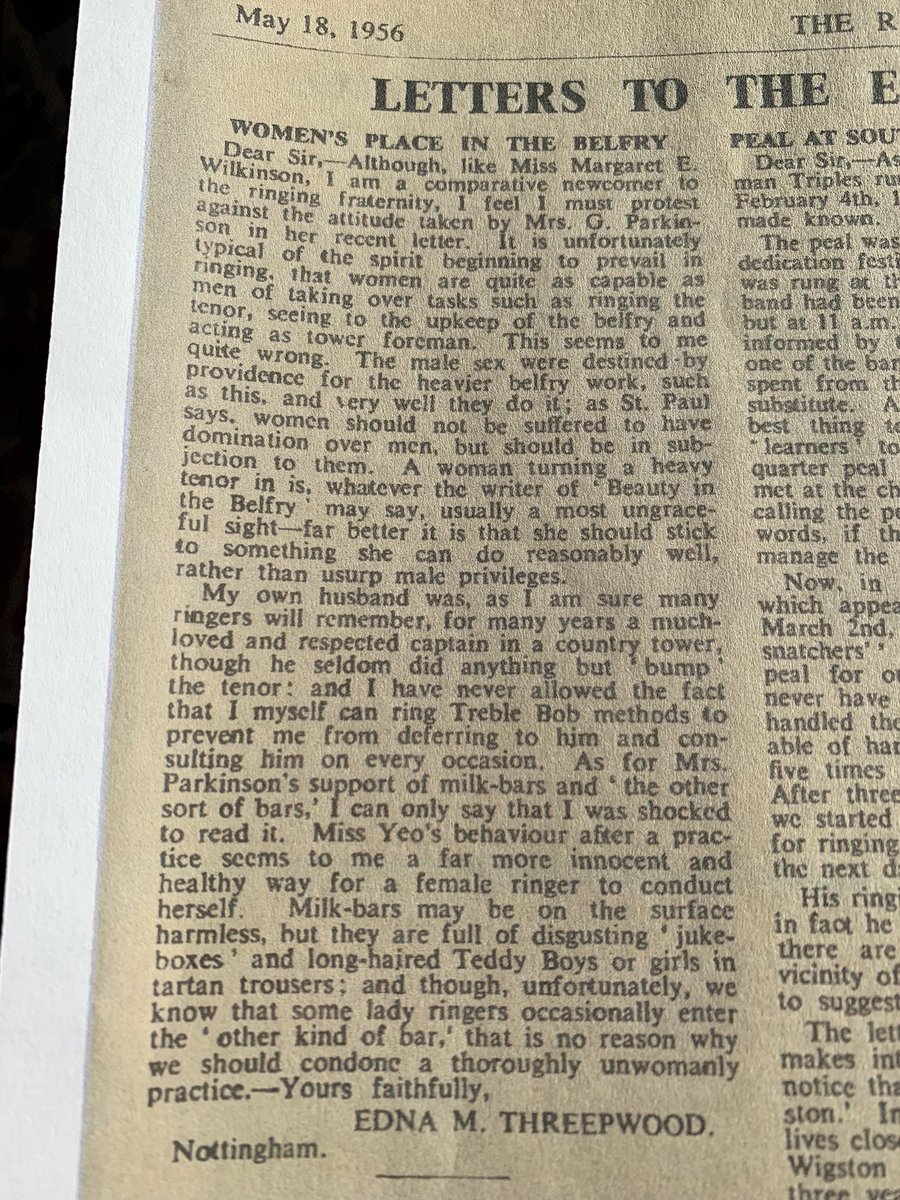 Nikkirthomas's tweet photo. Women’s Place in the Belfry. A stunning letter printed in @theringingworld in 1956. 

Dear Edna, clearly a much better ringer than her husband, but to whom milk bars were dens of iniquity. https://t.co/jdBBQ9Th4G