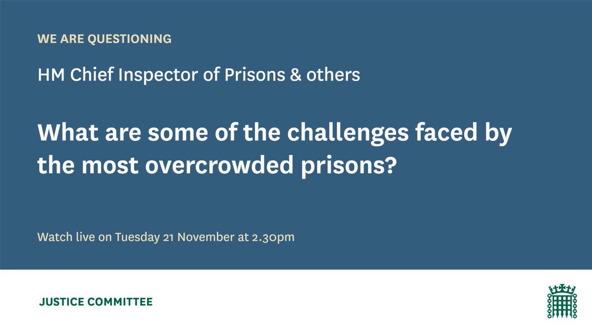 Tomorrow at 2.30pm as part of our inquiry into Future prison population and estate capacity we are taking evidence from HM Chief Inspector of Prisons, IMBs and the Prison Governors Association. Find out more here 👇 committees.parliament.uk/event/19786/fo…