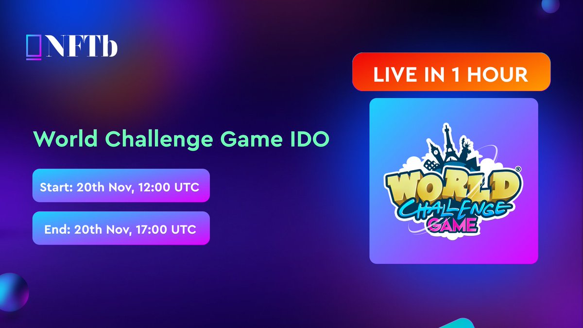 ⏳1 hour to @WorldChallengeG #IDO on NFTb! 🗓20 Nov, 12PM UTC 📌Private Pool Bronze (T1) - $600 Silver (T2) - $1050 Gold (T3) - $2400 Platinum (T4) - $3300 📌Public Pool - $500 🎲World Challenge Game innovatively combines a traditional board game with a mobile app and…