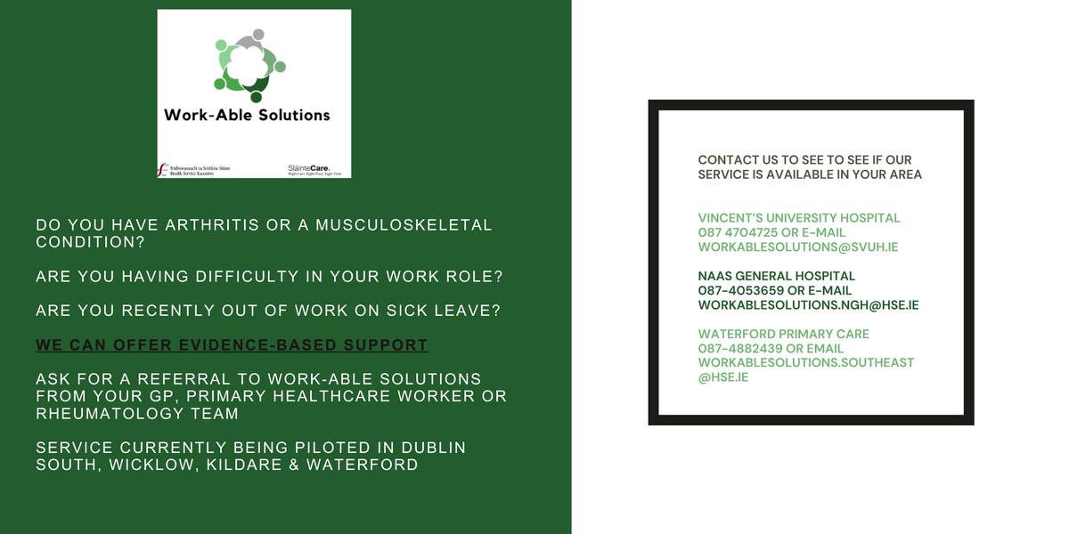 Do you have arthritis or an MSD and are experiencing difficulty in work or out on sick leave? Work-Able solutions is a pilot offering evidence-based support, taking place in Dublin South, Wicklow, Kildare and Waterford.