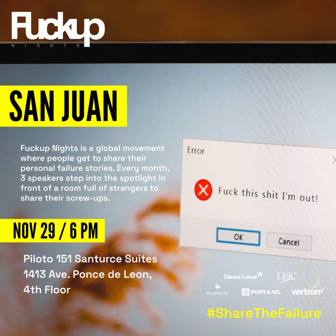 Join us next week for #FuckUpNights! 🤩 

Prepare yourself for an evening full of honest conversations, networking, and valuable insights with inspiring stories of triumph over adversity from three fearless entrepreneurs.

🎟️ RSVP: eventbrite.com/e/fuckup-night…