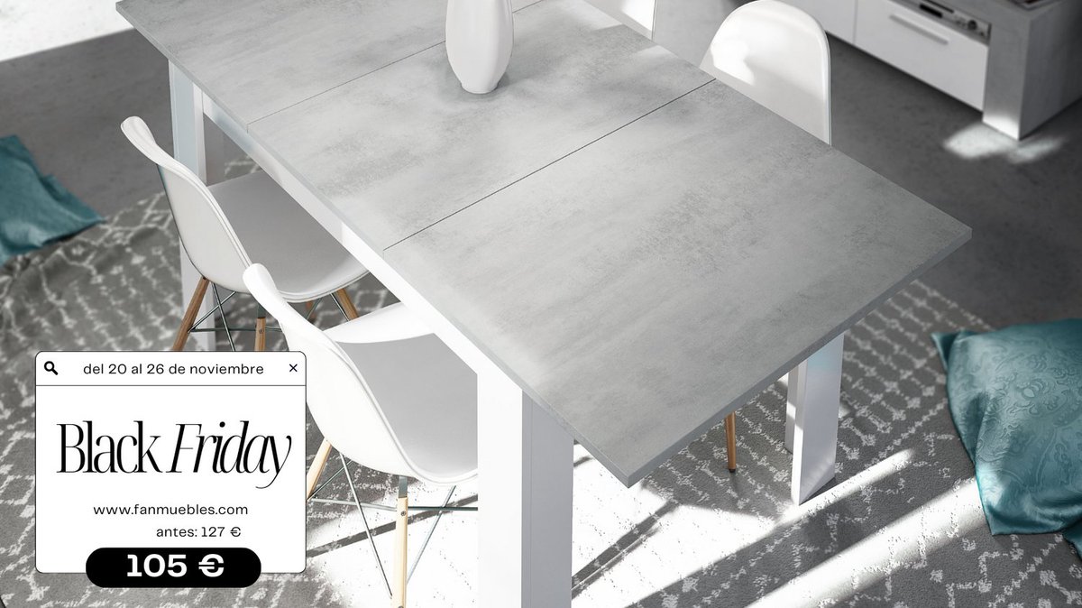 FanMuebles's tweet photo. Mesa de comedor extensible, estructura color blanco Artik y encimera en color cemento.
Durante el Black Friday 105 € 
EL MEJOR PRECIO DEL AÑO
https://t.co/yFzBm4cIL1
#BlackFriday #Mesa #mesaextensible https://t.co/bCKLIcw7Up