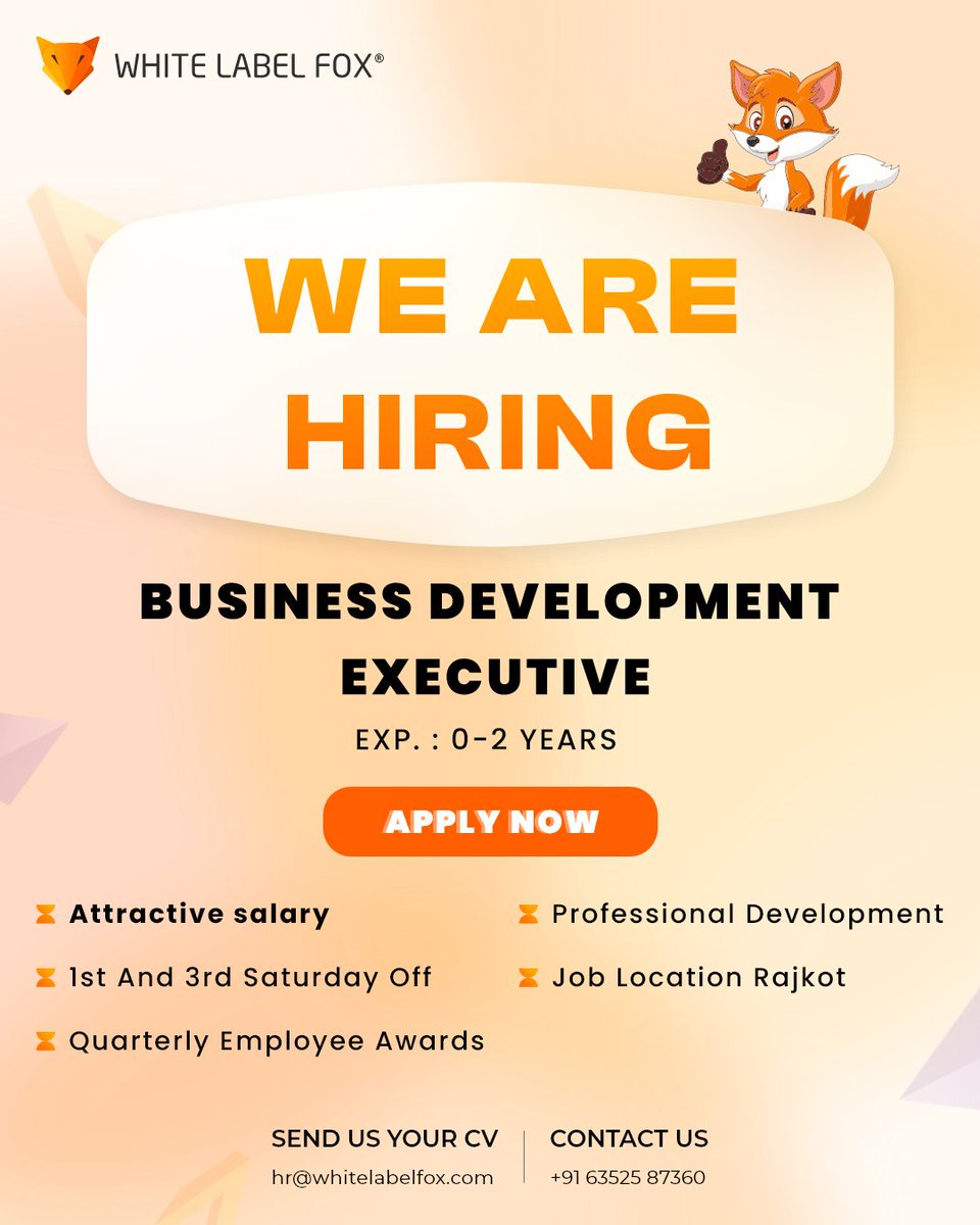 JOB ALERT 🔈🔈📢📢📢
## We're Hiring! Join Our Team as a Business Development Executive 
☎ +91 63525 87360
📧 Send Your CV: hr@whitelabelfox.com
Job Location = Rajkot
.
#bde #businessdevelopment #itjobs #gujaratjobs #rajkotjob #itjobsearch #jobseekers #rajkot #whitelabelfox