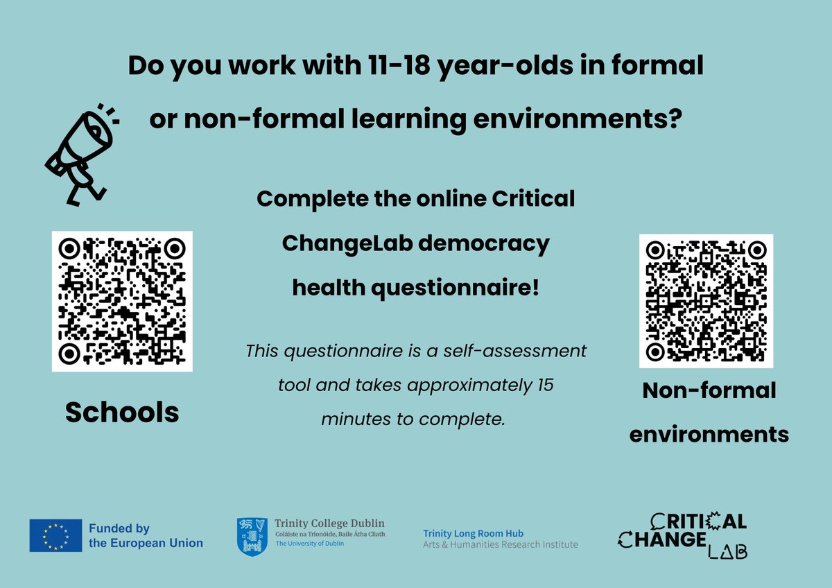 Are you an educator of young people (11-18 y/o) in the formal or non-formal sector? Contribute to research on the future of European democracy by filling out this questionnaire. Schools: shorturl.at/bdiF9 Non-formal: shorturl.at/mvOU8 #CriticalChangeLab