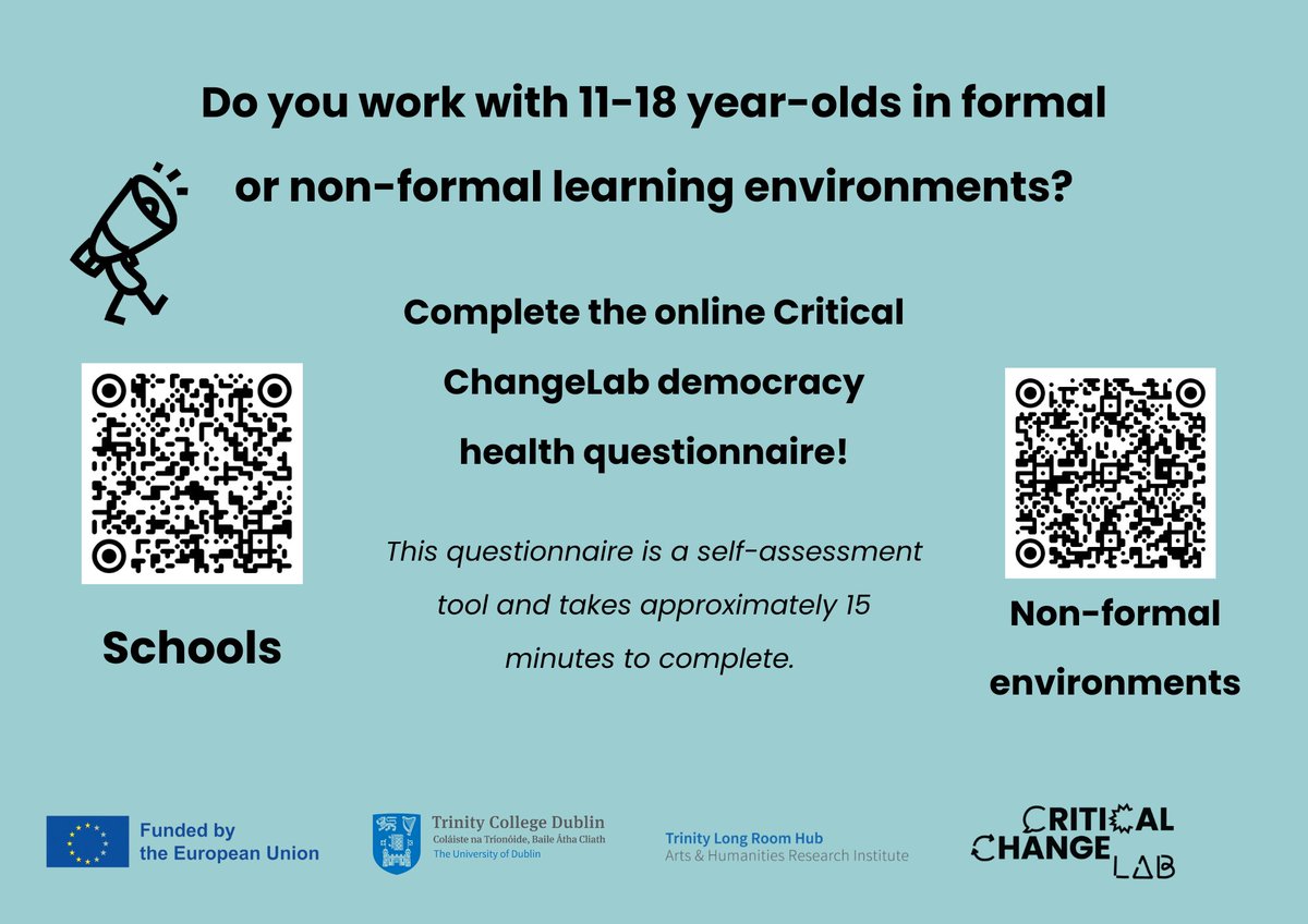 TLRHub's tweet photo. Are you an educator of young people (11-18 y/o) in the formal or non-formal sector? Contribute to research on the future of European democracy by filling out this questionnaire.

Schools: https://t.co/o3EZkABxXZ

Non-formal: https://t.co/qcBuGOmQ3d

#CriticalChangeLab https://t.co/EhUtlaLmVw